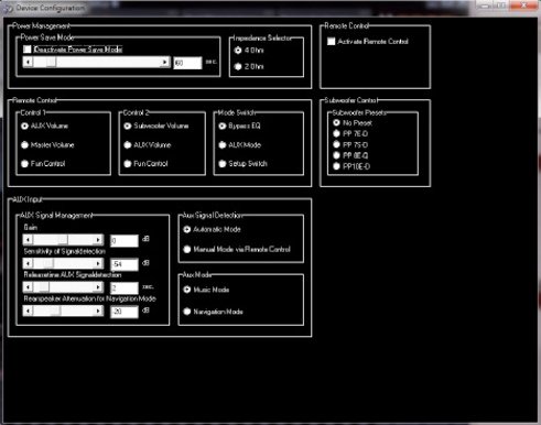 Настройка конфигурации пульта , включения –выключения процессора, выбор саба и настройка AUX.